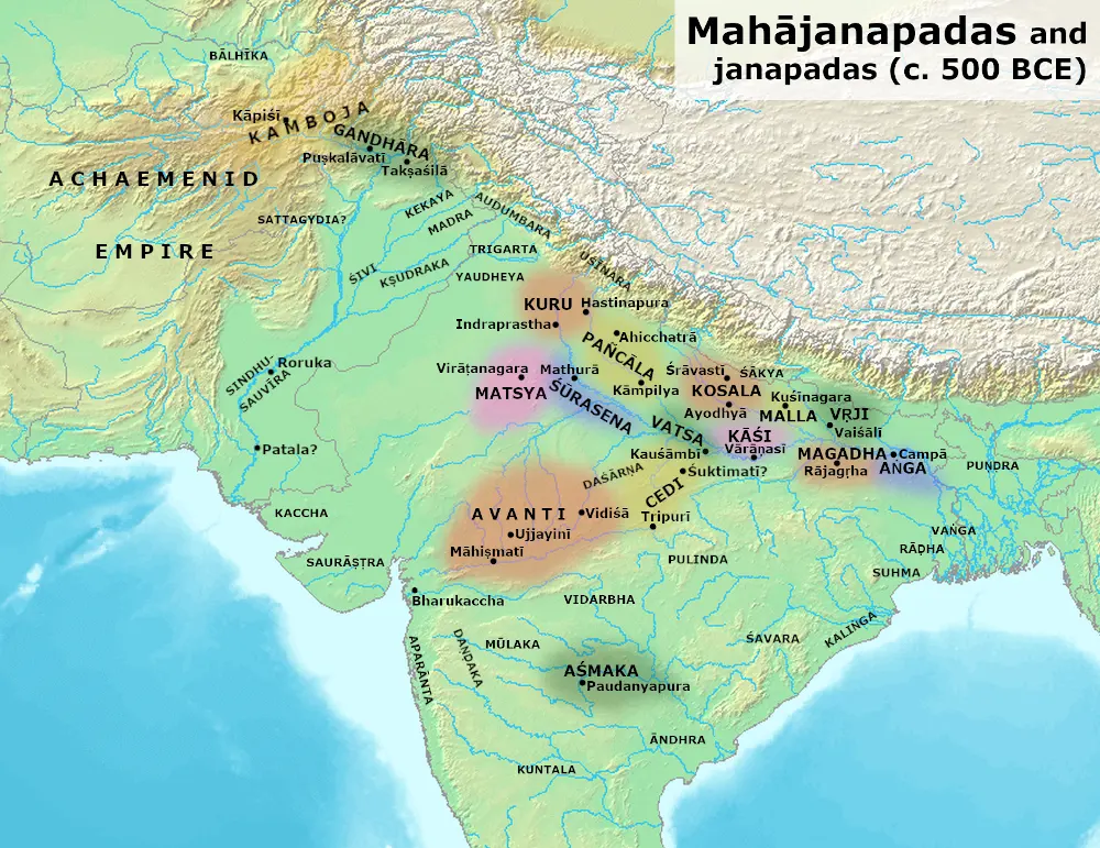 Map showing Mahajanapadas and other political regions around 500 BCE